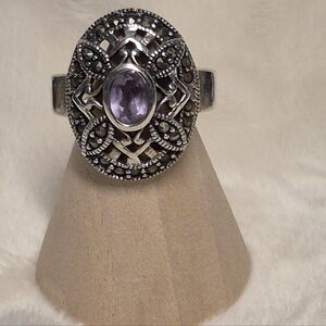 Elegant Sterling Silver and Purple Amethyst Gemstone Ring. Beautiful Marcasites.